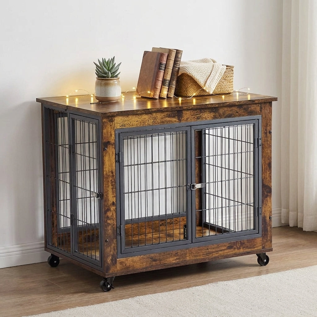 The Rustic Brown Dog Crate On Wheels