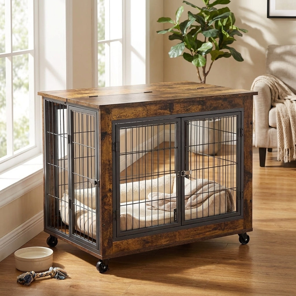 The Rustic Brown Dog Crate On Wheels
